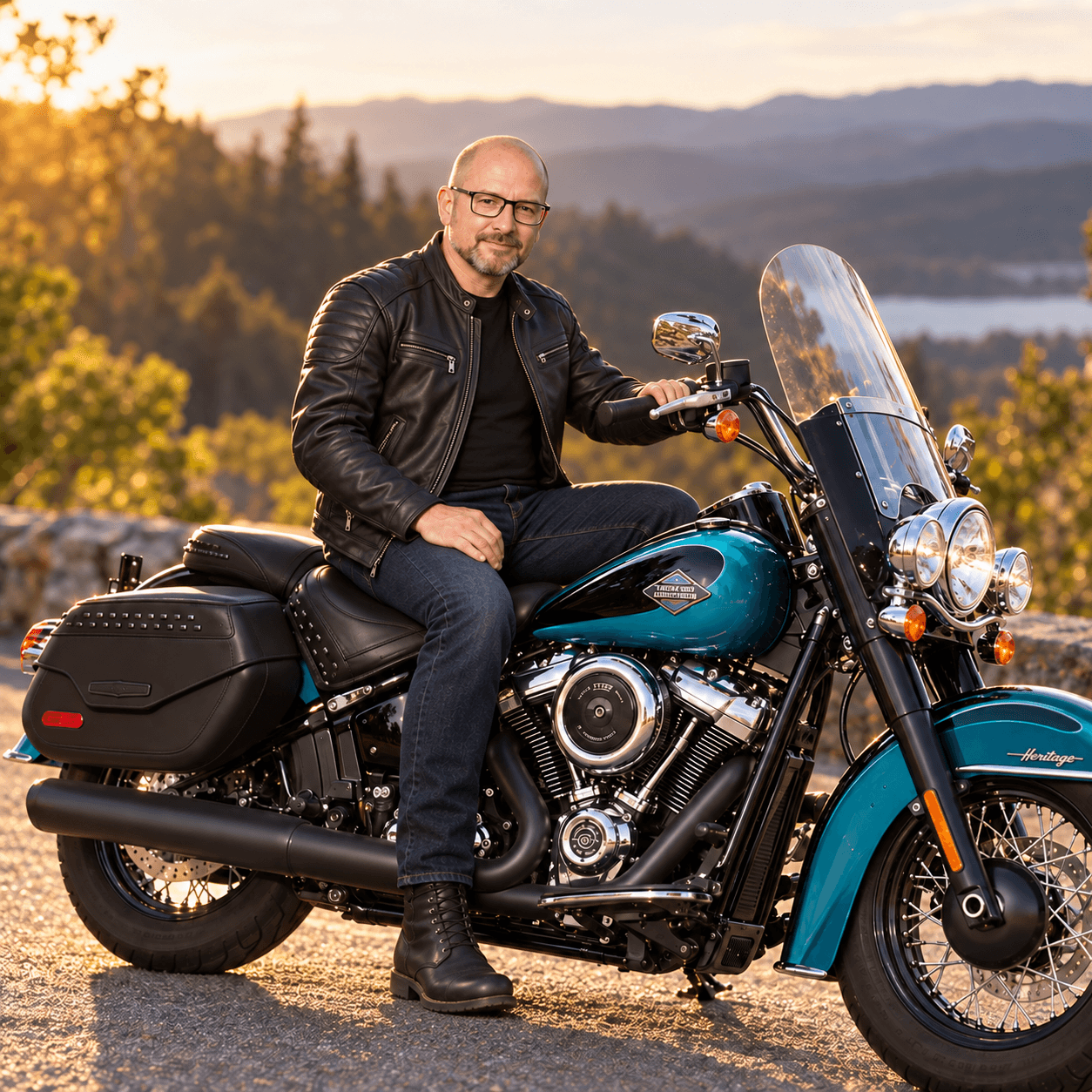 Gary Kinsey in a black leather jacket, sitting on his teal Heritage Classic